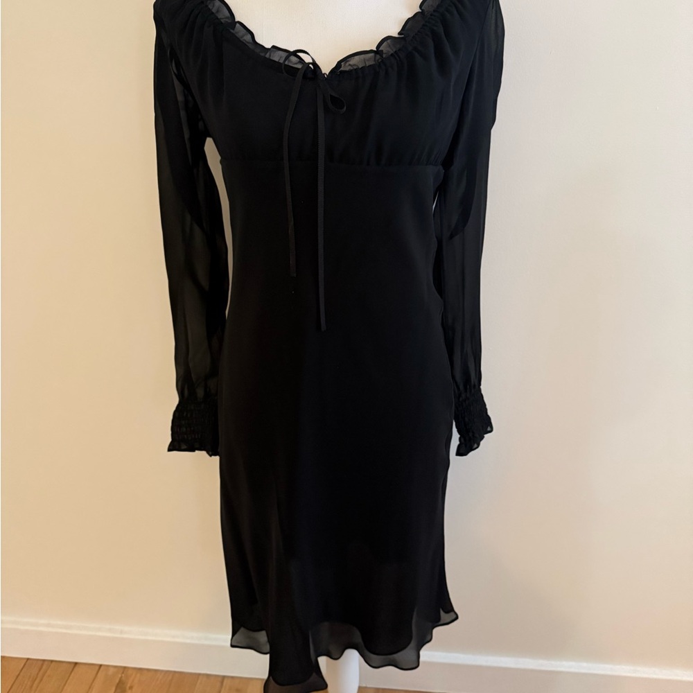 Express Y2K vintage Glam Goth Milkmaid Sheer Sleeve Silk Black Dress 7/8